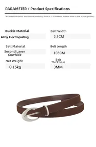 Detail showing genuine leather belt specifications with silver alloy buckle and measurements