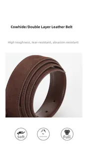 Detail of dark brown split cowhide leather belt showing fine texture and reinforced stitching