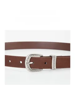 Detailed view of the brown leather belt featuring an antique silver engraved alloy buckle