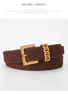 Détail d'une ceinture en daim marron foncé avec boucle dorée vintage et boucle de chaîne