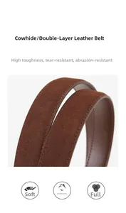 Detail of durable brown split cowhide leather belt showing soft texture and fine stitching