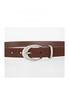Detail of matte brown leather belt with premium silver alloy oval buckle for dresses