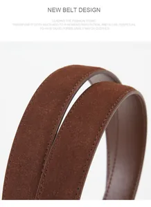 Detailed macro view of the brown suede belt featuring reinforced double stitching edges