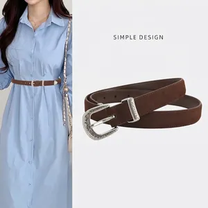 Women Vintage Split Cowhide Suede Belt With Carved Metal Pin Buckle Retro Western Style Thin Waist Belt For Dresses