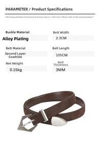 Detailed specs of the 2.3cm wide dark brown suede leather belt with alloy pin buckle