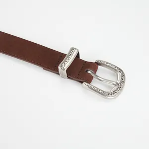 Classic vintage dark brown suede leather belt for women with engraved silver buckle decor