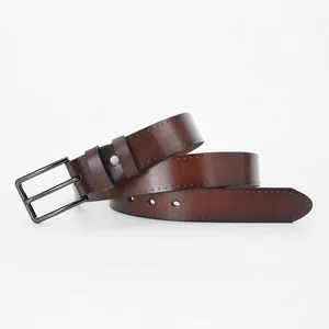 Men's handmade dark brown leather belt with vintage alloy pin buckle on white background