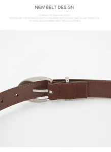 Detail of a dark brown leather belt with fine stitching and a silver oval metal buckle