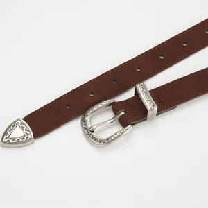 Classic retro dark brown suede belt with engraved silver metal buckle for women
