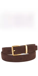Close-up of dark brown suede leather belt with matte gold pin buckle and metal loops