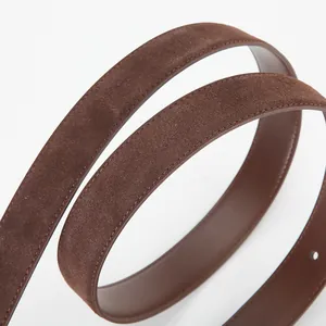 Minimalist dark brown suede leather belt for women with fine stitching and spiral display