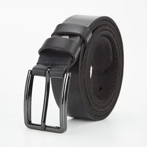 Classic men's black leather belt with a dark metal buckle and fine edge stitching