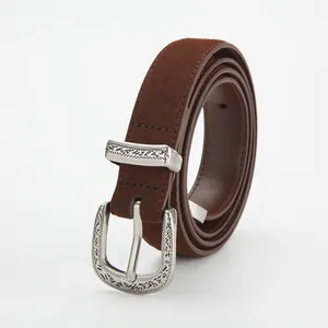 Vintage dark brown frosted leather belt with engraved silver buckle on white background