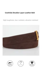 Detail of dark brown suede cowhide leather belt featuring a classic golden metal buckle