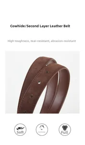Detailed macro view of dark brown cowhide leather belt showing matte texture and buckle holes