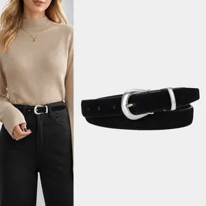 Women's Vintage Black Split Cowhide Leather Belt Minimalist Frosted Suede Waistband With Silver Alloy Horseshoe Pin Buckle Fashion Accessories
