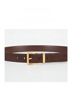 Close-up of brown suede leather belt featuring a durable gold-plated alloy square buckle