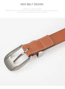 Detail of brown leather belt with silver matte buckle and white double stitching