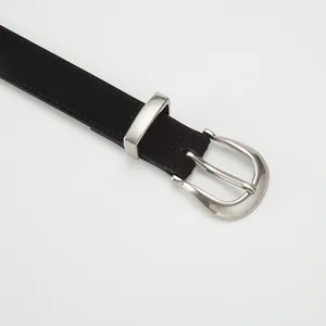 Classic black leather belt for women with a vintage silver buckle and matte finish