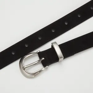 Classic black leather belt for women featuring a minimalist silver oval pin buckle design