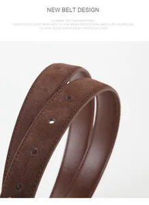 Close-up of dark brown suede leather belt with fine stitching and round adjustment holes