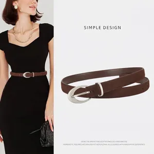 Women Suede Leather Belt Silver Oval Pin Buckle Retro Frosted Thin Waist Strap For Dress Casual Daily Fashion Accessory
