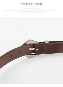 Detailed macro of dark brown suede leather belt with silver geometric buckle and fine stitching