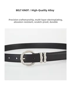 Détails de la ceinture en cuir noir véritable avec boucle argentée ondulée et doubles boucles