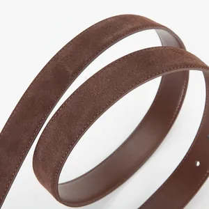 Dark brown suede leather belt for women featuring fine edge stitching and matte finish