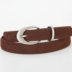 Deep brown frosted suede leather belt with a matte silver oval buckle for women