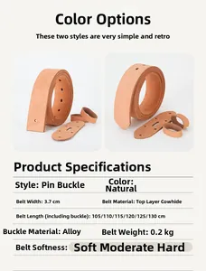 Close-up of 3.7cm wide natural leather belt strap made of genuine cowhide without buckle