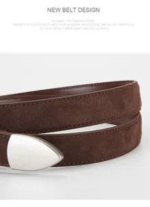 Macro shot of dark brown suede belt with fine edge stitching and metal buckle tip