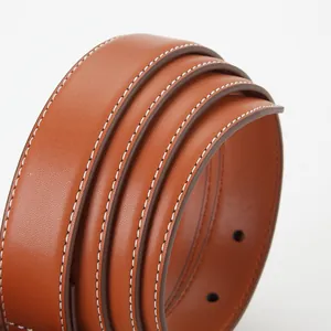 Brown leather belt with white contrast stitching and silver square buckle for women