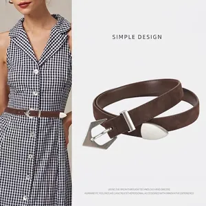 Women's Split Cowhide Leather Belt Minimalist Suede Texture Decorative Waistband For Jeans With Geometric Alloy Pin Buckle