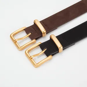 Classic vintage leather belt for women in black and brown with matte gold buckle