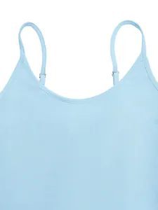 Detail of adjustable thin shoulder straps and ribbed texture on a light blue dress