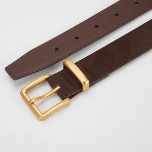 Brown vintage leather belt for women with golden square buckle and matte finish
