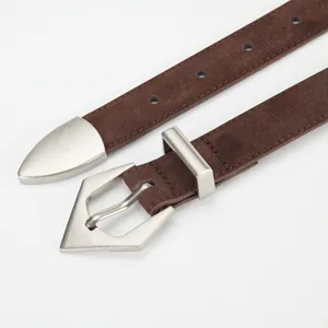 Deep brown frosted suede leather belt with unique geometric silver buckle for women