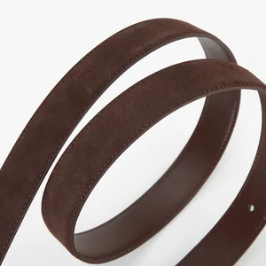 Dark brown frosted suede leather belt for women with fine stitching on white background