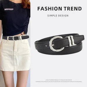 Ceinture Femme en Cuir de Vachette Mode Minimaliste avec Boucle en Alliage Ondulée Noir Mince pour Jeans Accessoire Polyvalent