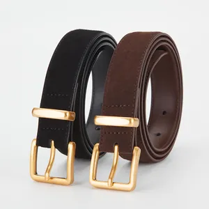 Vintage leather belts for women in black and brown with matte gold pin buckles