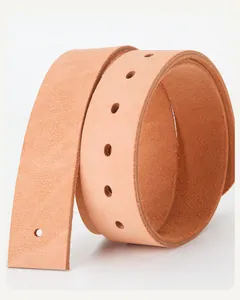 Close-up of premium natural cowhide leather belt strap with detailed grain and punch holes