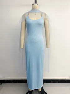 Detail of light blue ribbed maxi dress with a matching sheer mesh shawl set