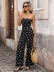 Women Vintage Polka Dot Strapless Jumpsuit Elegant French Style High Waist Wide Leg Long Pant Jumpsuit Summer Vacation