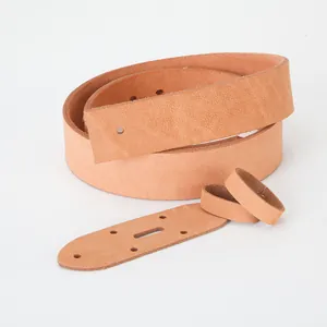 Light brown genuine leather belt strap set with pin buckle end and double loops