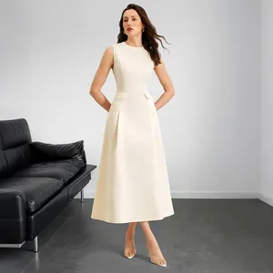 Elegant off-white sleeveless A-line maxi dress with round neck and pleated skirt