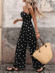 Polka dot strapless wide-leg jumpsuit for women with high-waist summer vacation style