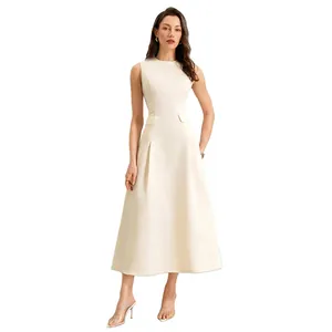 Elegant cream sleeveless A-line midi dress with round neck and decorative flap pockets