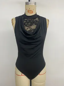 Detail of cowl neck bodysuit featuring delicate black floral lace and sleeveless cut