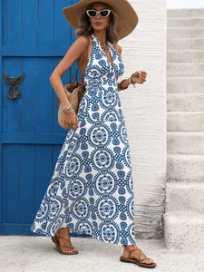 Abito lungo senza maniche con scollo all'americana e stampa geometrica blu